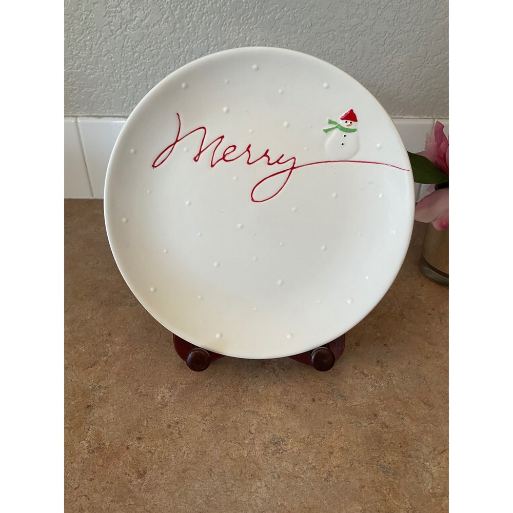 Hallmark Merry Snowman Christmas Dinner Plate White Ceramic Holiday Decor 9 inch